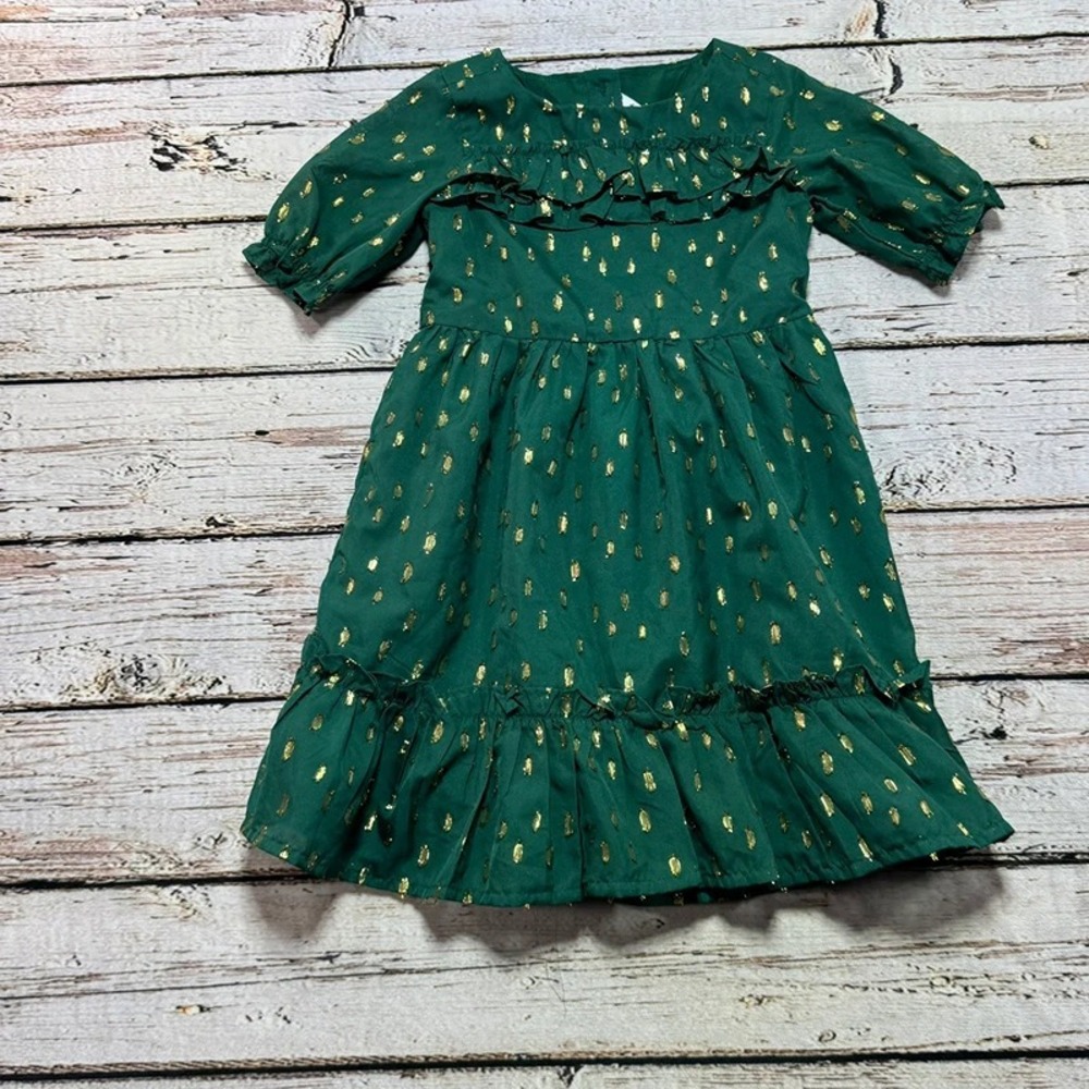 Janie and Jack sz 3 Girls Green Gold Ruffle Dress